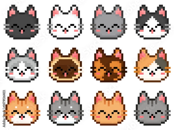 Fototapeta Cat smiley face pixel art icon set. Various colors kitty logo collection in retro 8-bit game style. Cute pixel kitten design for stickers, icons, poster