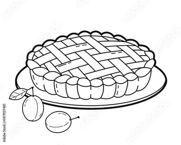 Obraz Autumn plum pie. Outline illustration, isolated on white background, design elements or page of children's coloring book