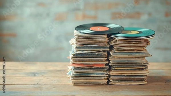 Fototapeta Stacked vinyl records and sleeves on a wooden table, brick wall backdrop, nostalgic aesthetic