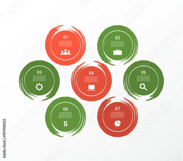 Obraz Red and green infographic template with 7 steps, options, parts or processes. Presentation of teamwork or business processes.