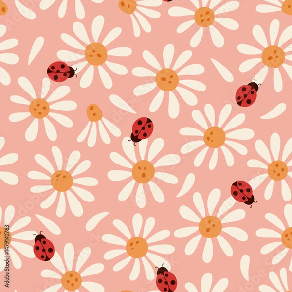 Fototapeta Seamless pattern with ladybugs and daisies. Vector graphics.