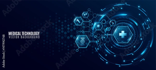 Fototapeta Health care icons and glowing blue HUD circle for medical technology background. Digital health insurance concept and access to welfare. Vector illustration