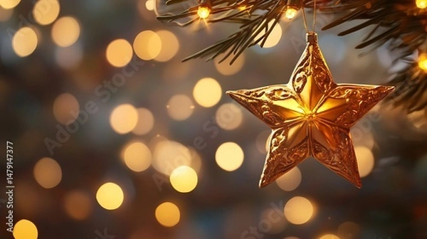 Fototapeta Golden Star Christmas Ornament Hanging on Tree Branch with Warm Bokeh Lights
