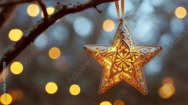 Fototapeta Glowing Star Ornament Hanging on a Tree Branch with Festive Lights, Perfect for Holiday Decorations and Winter Season Greetings