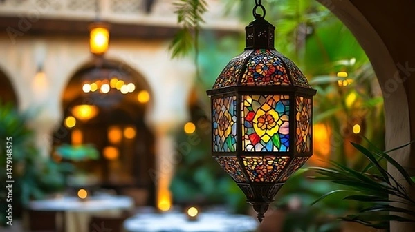Fototapeta Exquisite stained glass Moroccan lantern hanging in a lush courtyard garden, illuminating a tranquil atmosphere.