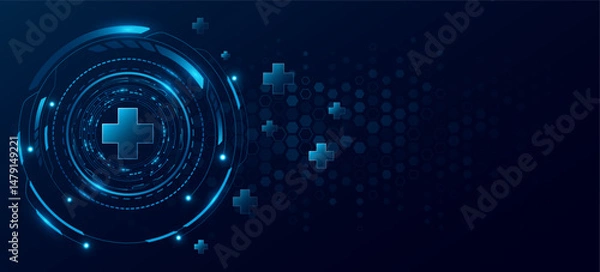 Fototapeta Health care concept with digital glowing blue HUD circle for medical technology background. Digital health insurance idea and access to welfare. Vector illustration