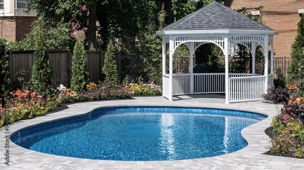 Obraz Outdoor swimming pool and gazebo in a landscaped garden.