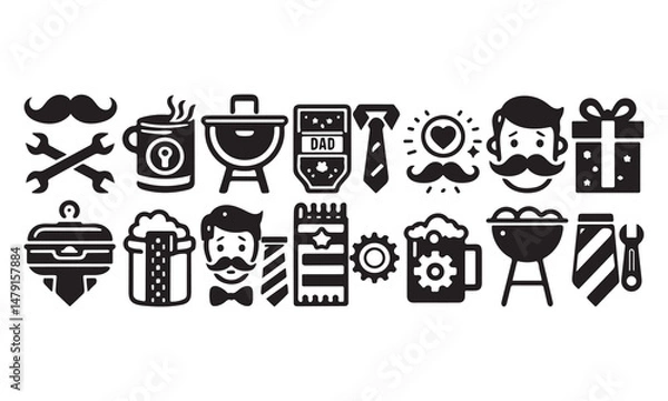 Obraz  Father's day flat icon set celebratory dad symbols for holiday gifting tie, barbecue, wrench, mug, socks, medal, mustache, portrait vector