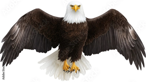 Fototapeta Majestic Bald Eagle Spreading Wings in Flight with Sharp Focus on Feathers and Eyes Against a Clear Background