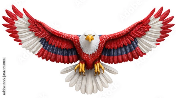 Fototapeta Majestic Bald Eagle with Red, White, and Blue Feathers Soaring Through the Sky for Symbolic Representation