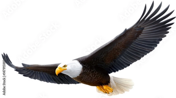 Fototapeta Majestic Bald Eagle in Flight Showcasing Powerful Wings and Distinctive Features Against a White Background