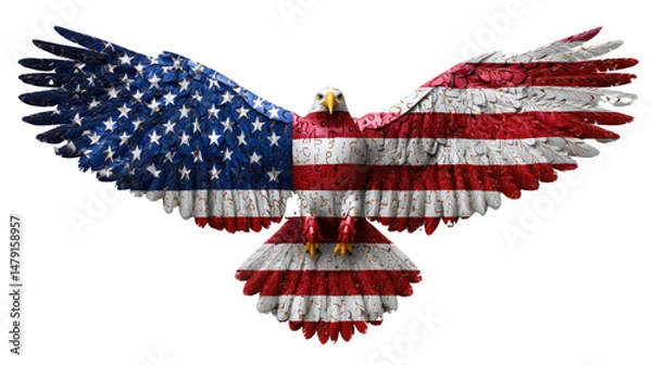 Fototapeta Majestic eagle with wings spread wide covered in American flag design showcasing patriotism and freedom