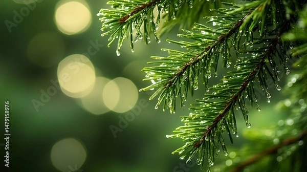 Fototapeta Lush Evergreen Branch with Dew Drops Sparkling in Soft Sunlight Green Nature Background