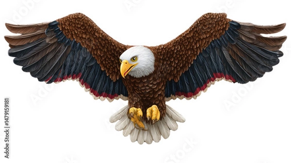 Fototapeta Majestic eagle soaring with outstretched wings showcasing detailed feathers and striking features against white background
