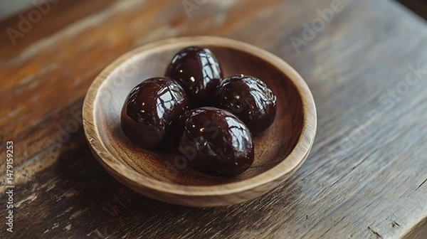 Fototapeta Delicious dark glazed eggs served in a rustic wooden bowl on a wooden table.