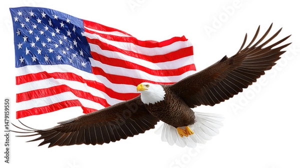 Fototapeta Bald Eagle in Flight with American Flag Background Celebrating Patriotism and Freedom Symbolism