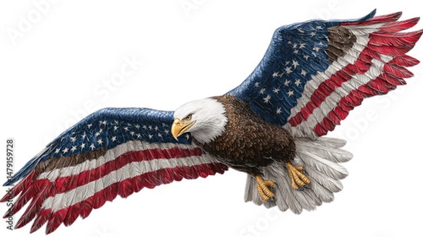 Fototapeta Majestic Bald Eagle Soaring with American Flag Wings Against a White Background for Patriotic Themes
