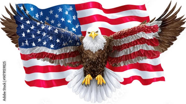 Fototapeta Majestic Bald Eagle with Outstretched Wings Displaying American Flag Background in Vivid Colors