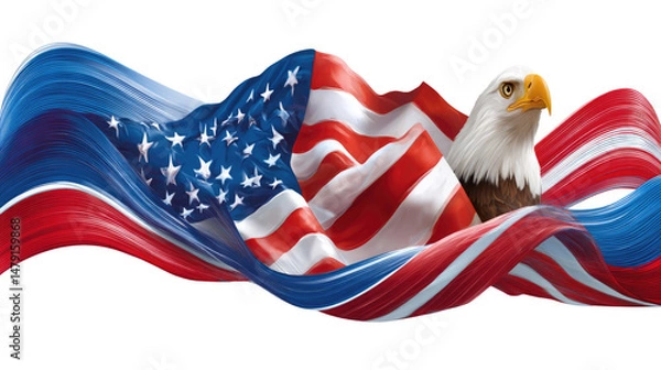 Fototapeta American Bald Eagle with Waving Flag and Colorful Background for Patriotic Themes and Celebrations