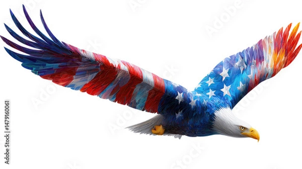 Fototapeta Majestic Bald Eagle with Vibrant Colors and American Flag Design Soaring Elegantly Through Clear Blue Sky