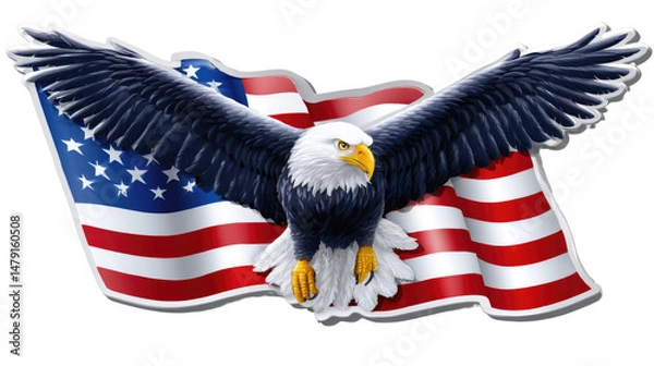Fototapeta Majestic Bald Eagle Soaring Over American Flag Displaying Strength and Freedom in Patriotic Imagery