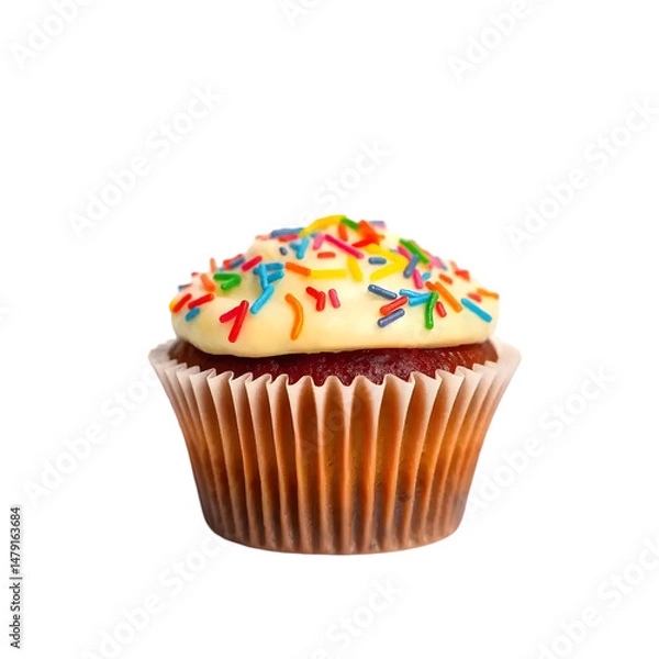Obraz Colorful Sprinkled Cupcake on White Isolated Background with No Shadow