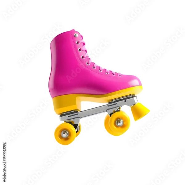 Obraz Bright Pink Roller Skate with Yellow Wheels on White Background
