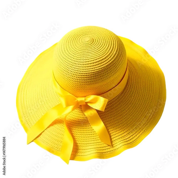 Obraz Yellow Sun Hat with Ribbon on White Background Isolated Object
