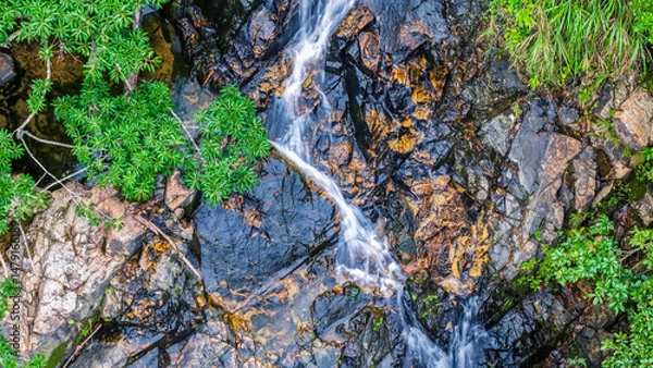 Fototapeta Beautiful Small Waterfall Surrounded by Lush Green Foliage and Natural Rock Formations