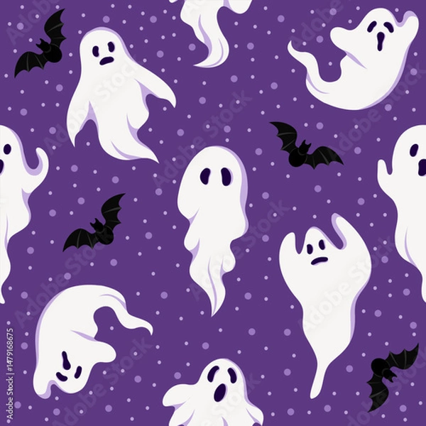 Fototapeta Cute seamless Halloween pattern with white ghosts and flying bats on a purple background with dots. Ideal for kids’ products, stationery, wrapping paper, and Halloween crafts.