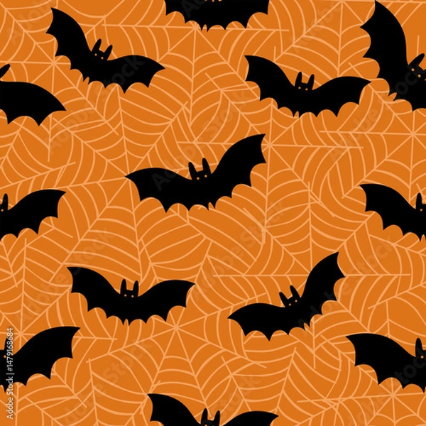 Fototapeta Seamless Halloween pattern with black bats on an orange background with spider web texture. Perfect for spooky-themed packaging, party decorations, and fabric design.