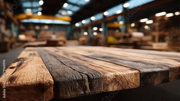 Obraz Rustic Workshop Table: A close-up shot of a weathered, wooden table in a workshop, with an industrial backdrop, focusing on the texture and history etched into the wood.