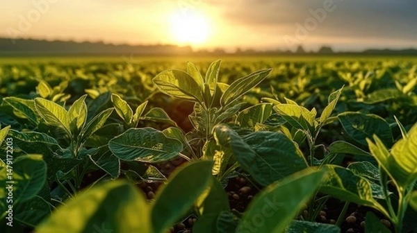 Fototapeta Sunrise over the Agricultural Field: The sun rises over a vibrant agricultural field. Capturing the essence of growth and the beauty of nature's bounty.