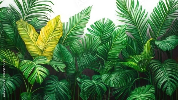 Fototapeta Lush Tropical Foliage: An artistic panorama of vivid green tropical foliage, a stunning visual celebration of the botanical world's beauty, freshness and vitality.