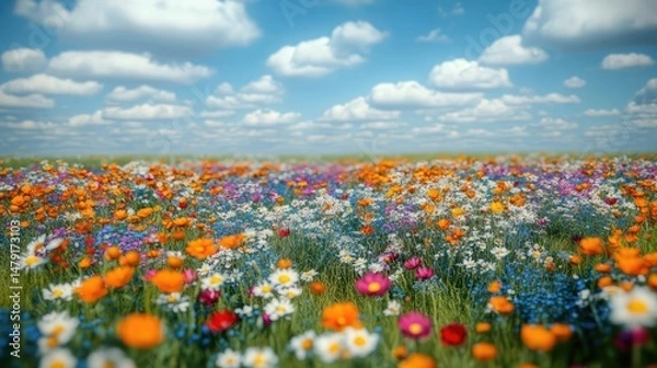 Fototapeta Blossoming Meadow: A vibrant field of wildflowers stretches towards the horizon under a bright blue sky dotted with fluffy clouds. A perfect harmony of colors that speaks of a serene nature.
