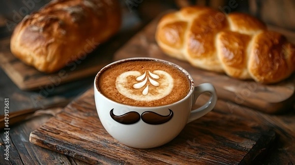 Fototapeta Aromatic Coffee with Latte Art and Baked Bread Breakfast Delight
