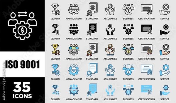 Fototapeta ISO 9001 icon set with various styles and colors customer satisfaction questionnaire  of quality, management, standard, assurance, business, certification and service