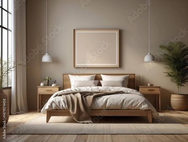 Obraz Mock up frame in bedroom interior background, beige room with natural wooden furniture