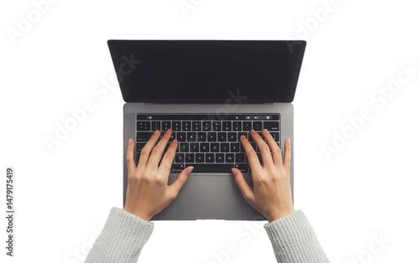 Obraz Person is typing on a laptop on transparent or white background