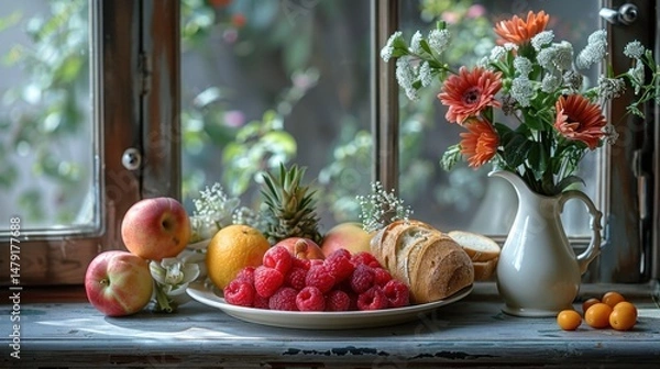 Obraz Breakfast plate with fruit, bread, and soft light