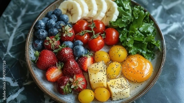 Fototapeta Breakfast plate with fruit, bread, and soft light