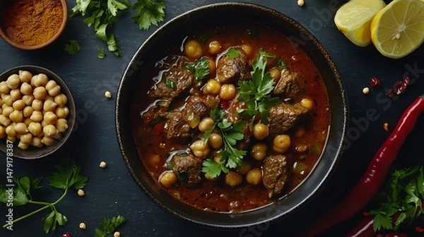 Fototapeta Delicious Spicy Lamb Stew with Chickpeas Aromatic Herbs and Spices a flavorful culinary delight