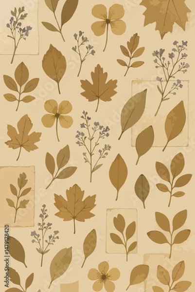 Obraz Collage dried leaves, pressed flowers, and vintage papers for creative packaging and prints