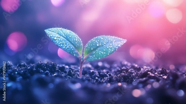 Fototapeta Vibrant Sprout Emerging from Soil Dewdrops on Leaves Growth Nature Background