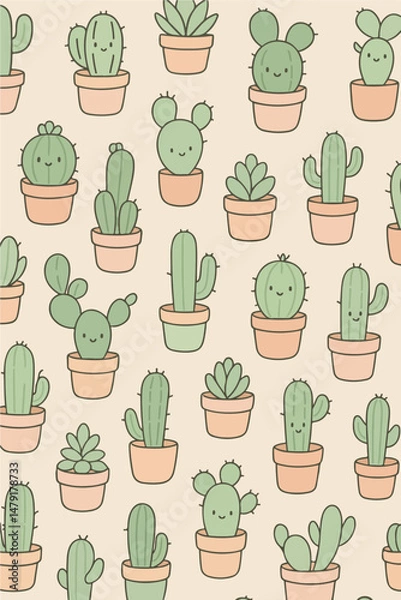 Obraz Cactus and succulents in pastel pots, illustration vector for kids fabric and prints