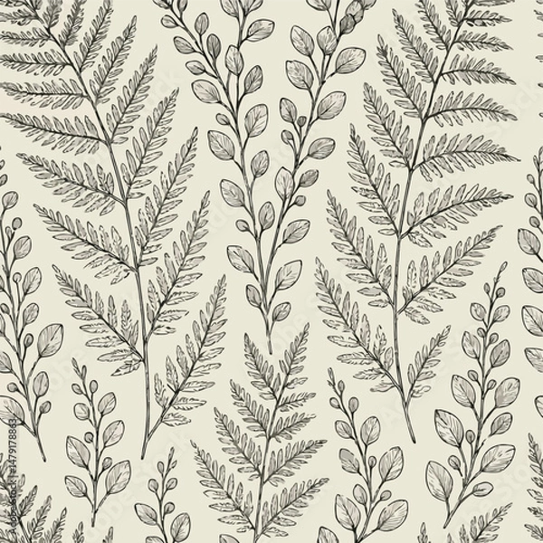 Obraz Ferns and eucalyptus branches, illustration, vector botanical sketchbook vibe, ideal for organic beauty products