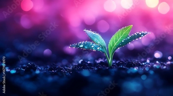 Fototapeta Vibrant Sprout Emerging from Dark Soil Underneath a Pink Purple Glow