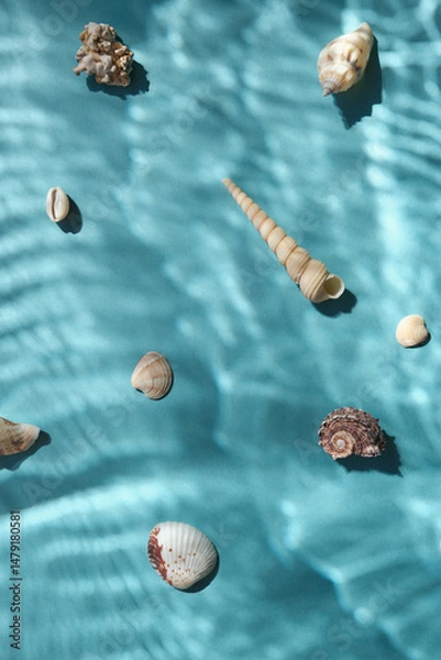 Fototapeta Seashells with underwater shadows on the blue background top view.