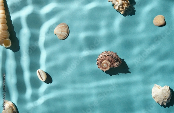 Obraz Seashells with underwater shadows on the blue background top view.