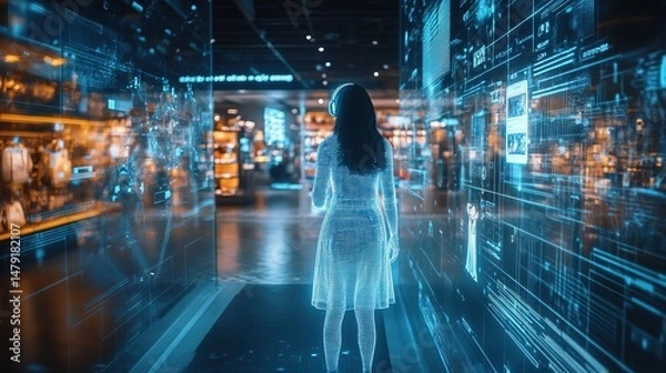 Fototapeta A smart AI hologram assistant guiding a user through a futuristic shopping experience